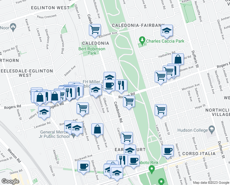 map of restaurants, bars, coffee shops, grocery stores, and more near 279 Caledonia Road in Toronto
