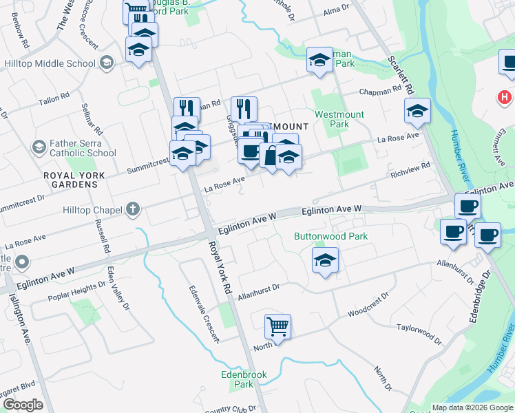 map of restaurants, bars, coffee shops, grocery stores, and more near 4000 Eglinton Avenue West in Toronto