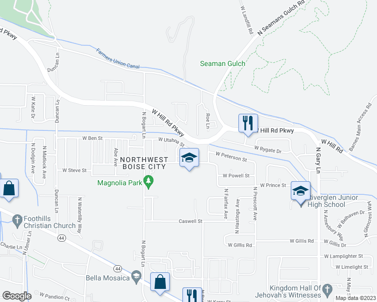 map of restaurants, bars, coffee shops, grocery stores, and more near 7136 North Bogart Lane in Boise