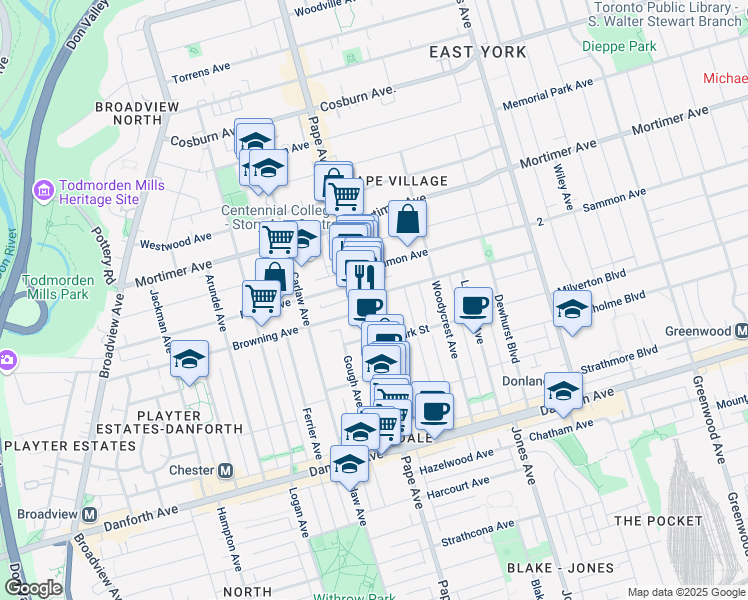 map of restaurants, bars, coffee shops, grocery stores, and more near 1 Aldwych Avenue in Toronto