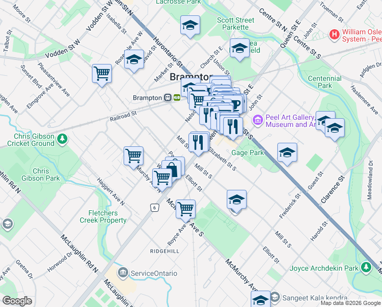 map of restaurants, bars, coffee shops, grocery stores, and more near 5 Mill Street North in Brampton