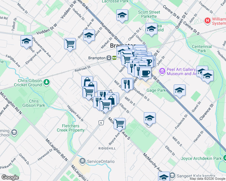 map of restaurants, bars, coffee shops, grocery stores, and more near 6 Purple Finch Court in Brampton