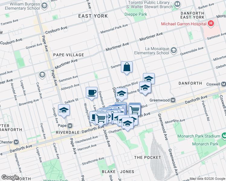 map of restaurants, bars, coffee shops, grocery stores, and more near 106 Donlands Avenue in Toronto