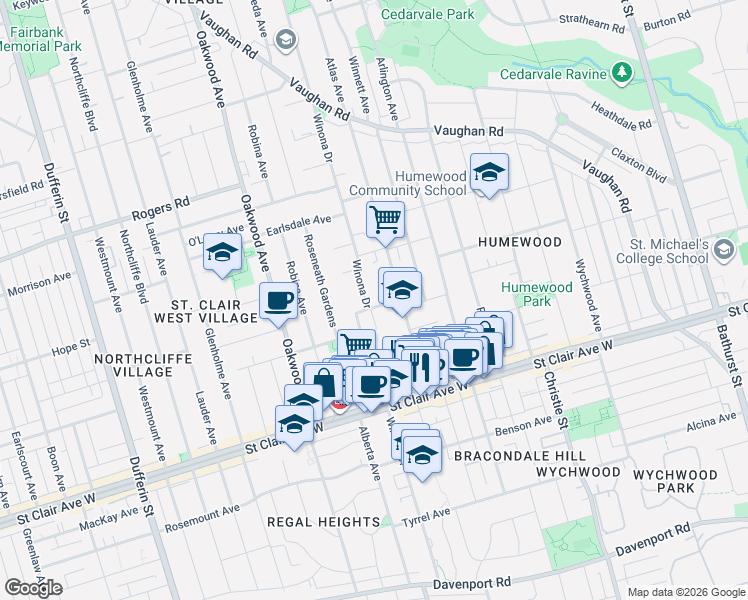 map of restaurants, bars, coffee shops, grocery stores, and more near 8 Dundurn Crescent in Toronto