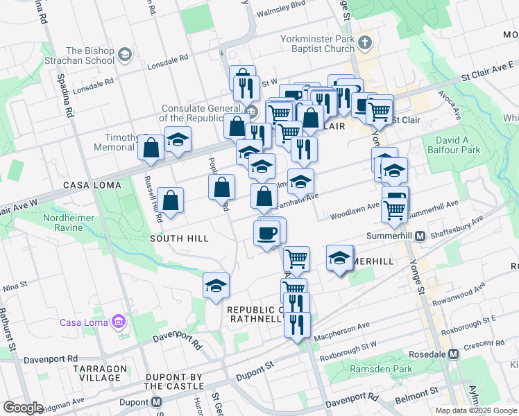 map of restaurants, bars, coffee shops, grocery stores, and more near 2 Clarendon Avenue in Toronto