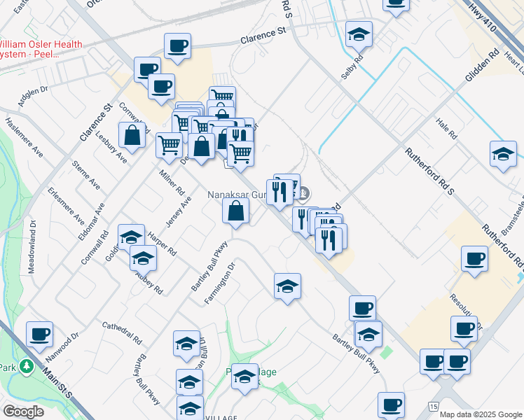 map of restaurants, bars, coffee shops, grocery stores, and more near 163 Tullamore Court in Brampton