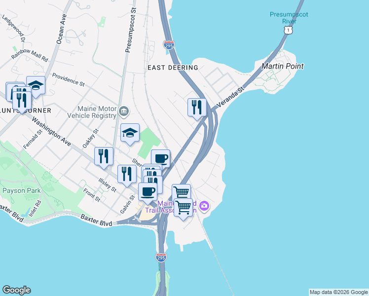 map of restaurants, bars, coffee shops, grocery stores, and more near 13 Upland Avenue in Portland
