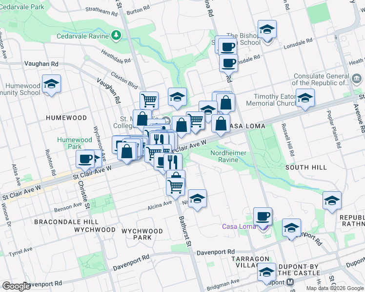 map of restaurants, bars, coffee shops, grocery stores, and more near 438 Saint Clair Avenue West in Toronto