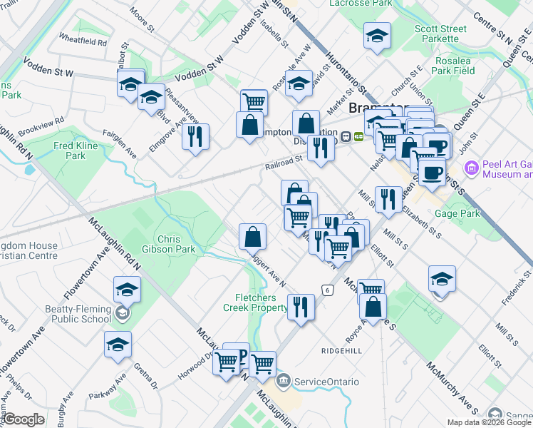 map of restaurants, bars, coffee shops, grocery stores, and more near 49 McMurchy Avenue North in Brampton