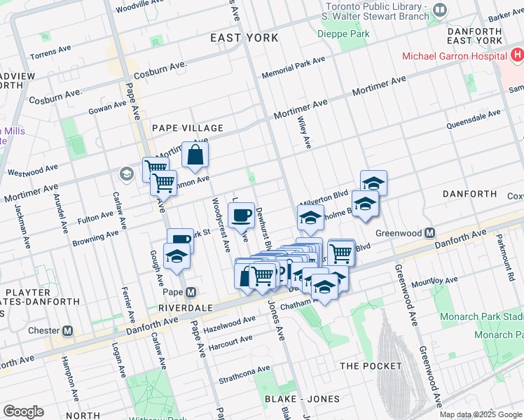 map of restaurants, bars, coffee shops, grocery stores, and more near 12 Milverton Boulevard in Toronto