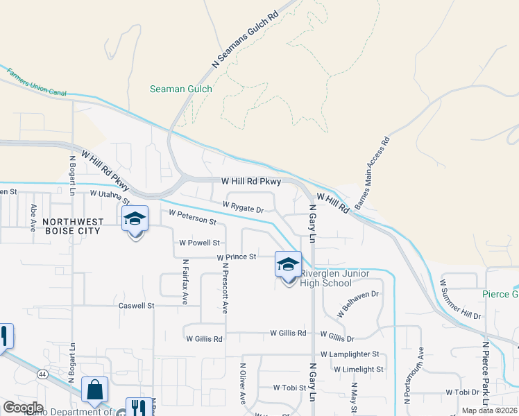 map of restaurants, bars, coffee shops, grocery stores, and more near 7574 North Peppermill Way in Boise