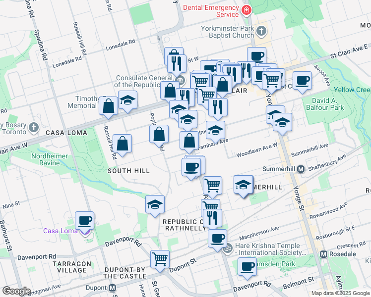map of restaurants, bars, coffee shops, grocery stores, and more near 5 A Clarendon Avenue in Toronto