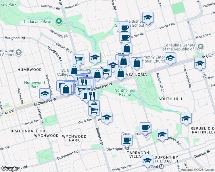 map of restaurants, bars, coffee shops, grocery stores, and more near 177 Lyndhurst Avenue in Toronto