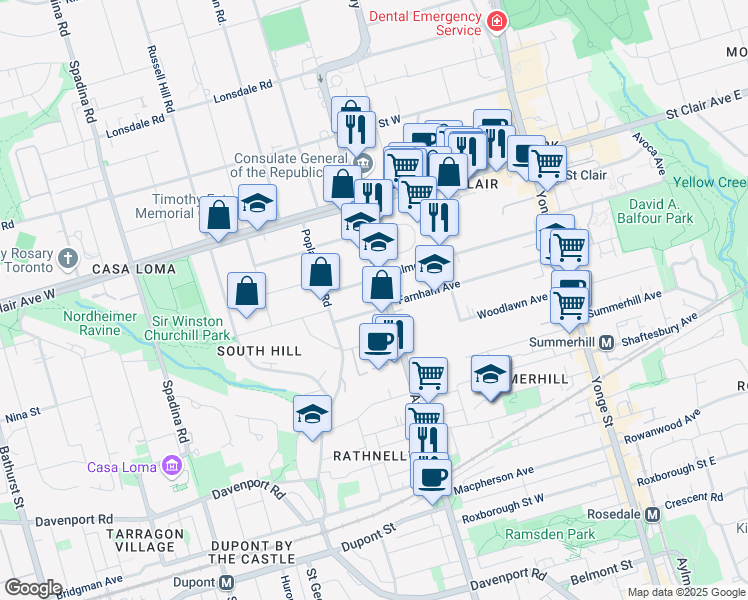 map of restaurants, bars, coffee shops, grocery stores, and more near in Toronto