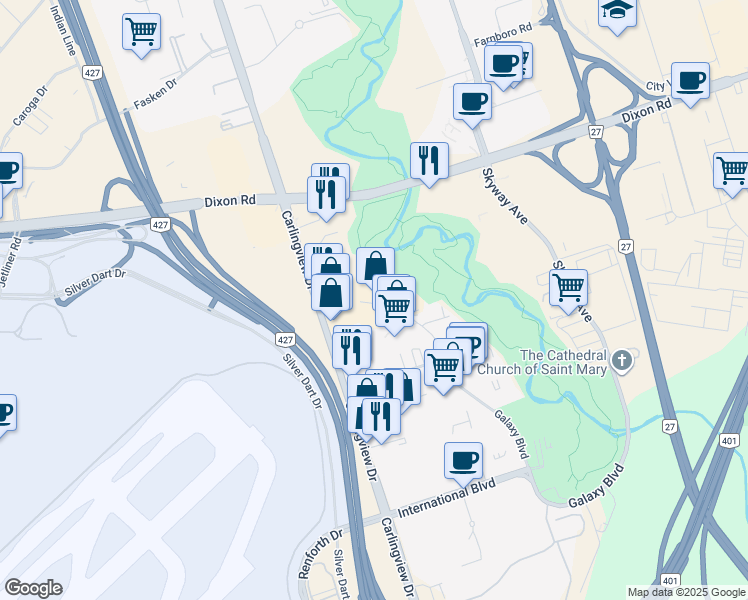 map of restaurants, bars, coffee shops, grocery stores, and more near 48 Galaxy Boulevard in Toronto