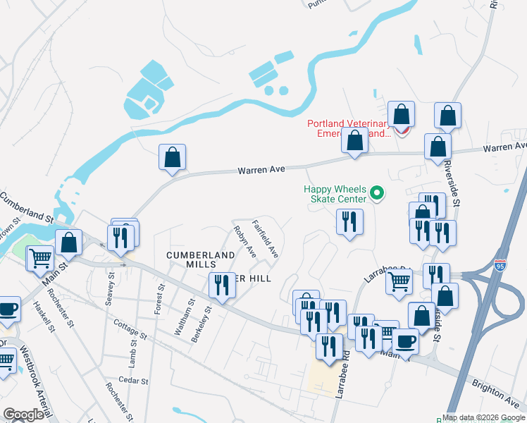 map of restaurants, bars, coffee shops, grocery stores, and more near 29 Fairfield Avenue in Westbrook