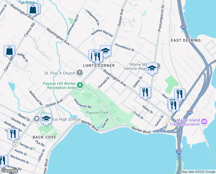 map of restaurants, bars, coffee shops, grocery stores, and more near 51 Access Road in Portland