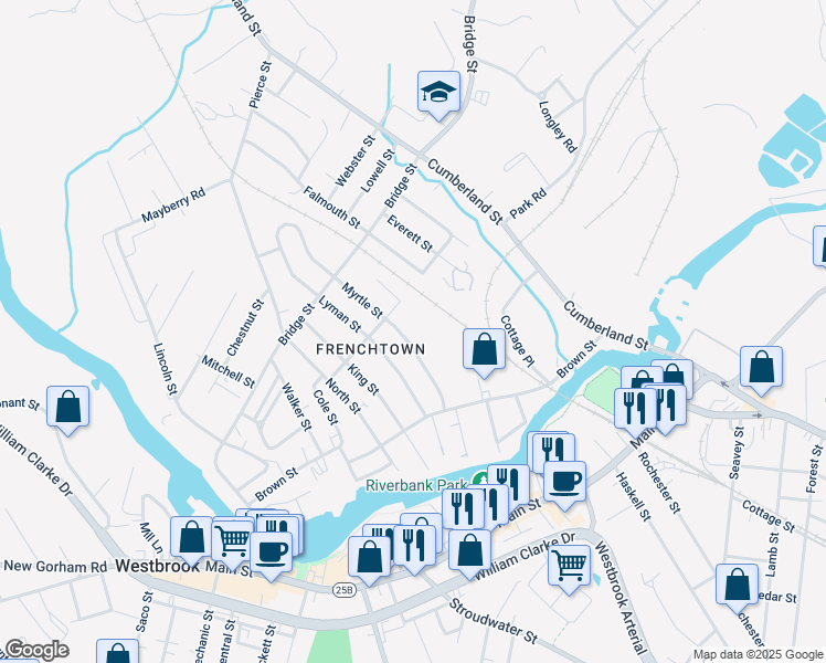 map of restaurants, bars, coffee shops, grocery stores, and more near 41 Myrtle Street in Westbrook