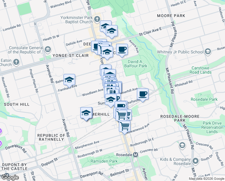 map of restaurants, bars, coffee shops, grocery stores, and more near 1233 Yonge Street in Toronto