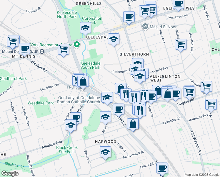map of restaurants, bars, coffee shops, grocery stores, and more near 45 Hyde Avenue in Toronto