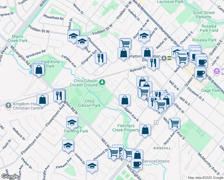 map of restaurants, bars, coffee shops, grocery stores, and more near in Brampton