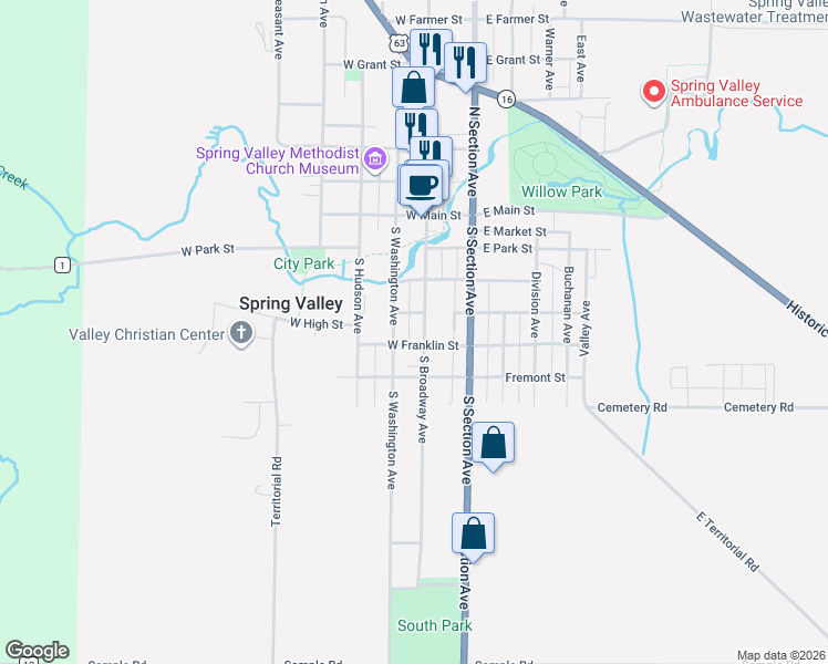 map of restaurants, bars, coffee shops, grocery stores, and more near 605 South Broadway Avenue in Spring Valley