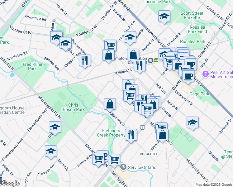 map of restaurants, bars, coffee shops, grocery stores, and more near 49 McMurchy Avenue North in Brampton