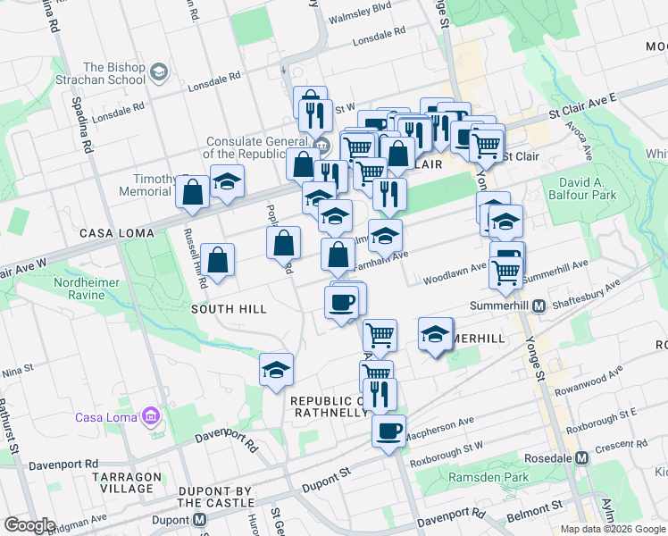 map of restaurants, bars, coffee shops, grocery stores, and more near 2 Clarendon Avenue in Toronto