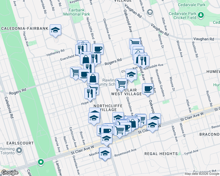 map of restaurants, bars, coffee shops, grocery stores, and more near 243 Northcliffe Boulevard in Toronto