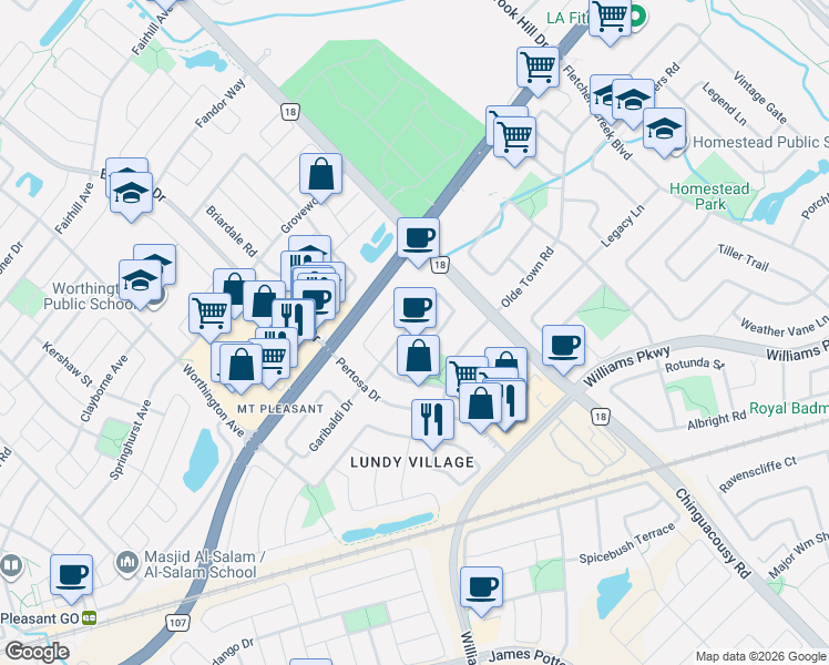 map of restaurants, bars, coffee shops, grocery stores, and more near 41 Olympia Crescent in Brampton
