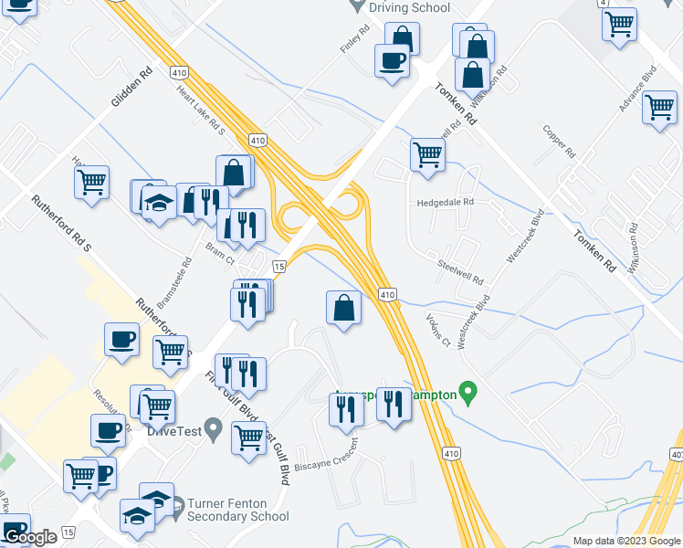 map of restaurants, bars, coffee shops, grocery stores, and more near 0 Steeles Avenue East in Brampton