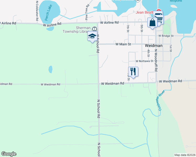 map of restaurants, bars, coffee shops, grocery stores, and more near 6494-6618 West Weidman Road in Weidman