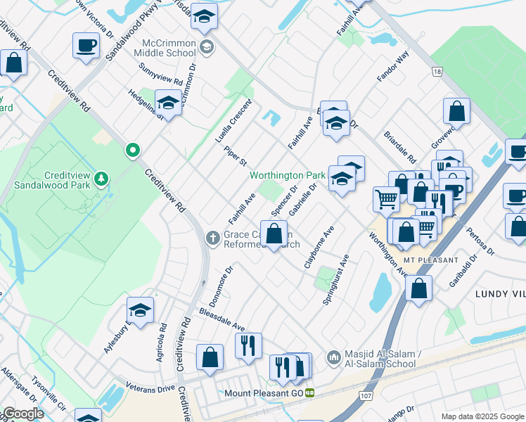 map of restaurants, bars, coffee shops, grocery stores, and more near 28 Roxton Crescent in Brampton