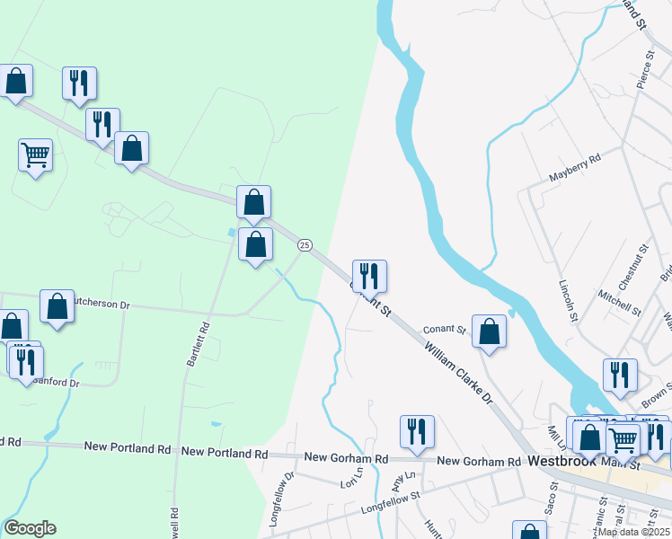 map of restaurants, bars, coffee shops, grocery stores, and more near 300 Conant Street in Westbrook