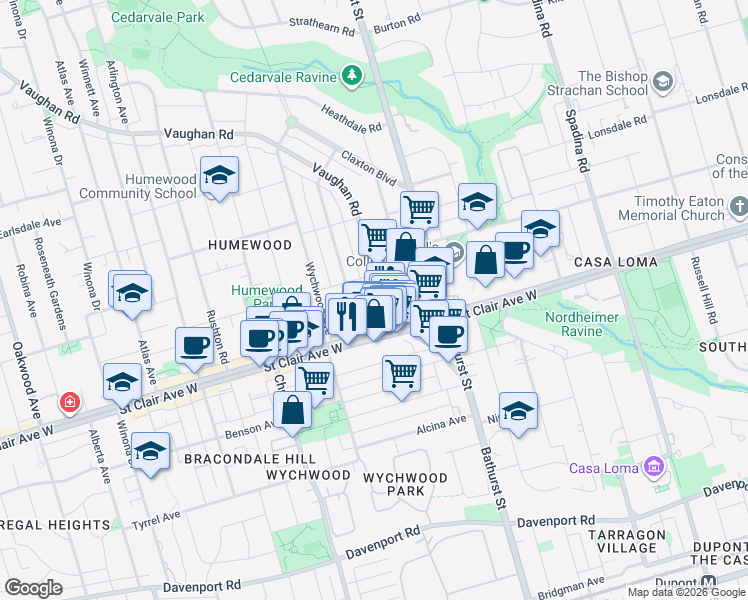 map of restaurants, bars, coffee shops, grocery stores, and more near 98 Vaughan Road in Toronto