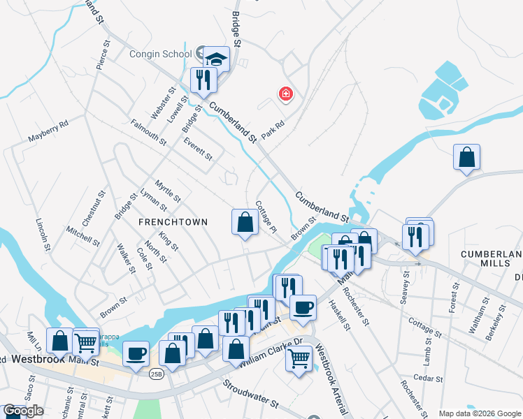 map of restaurants, bars, coffee shops, grocery stores, and more near 44 Cottage Place in Westbrook