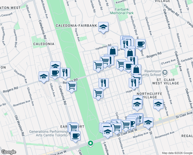 map of restaurants, bars, coffee shops, grocery stores, and more near in Toronto