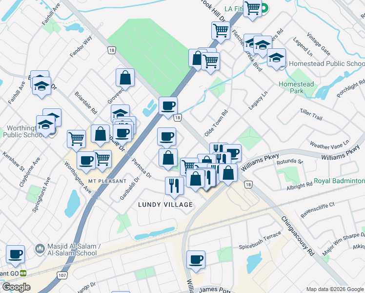 map of restaurants, bars, coffee shops, grocery stores, and more near 128 Olympia Crescent in Brampton