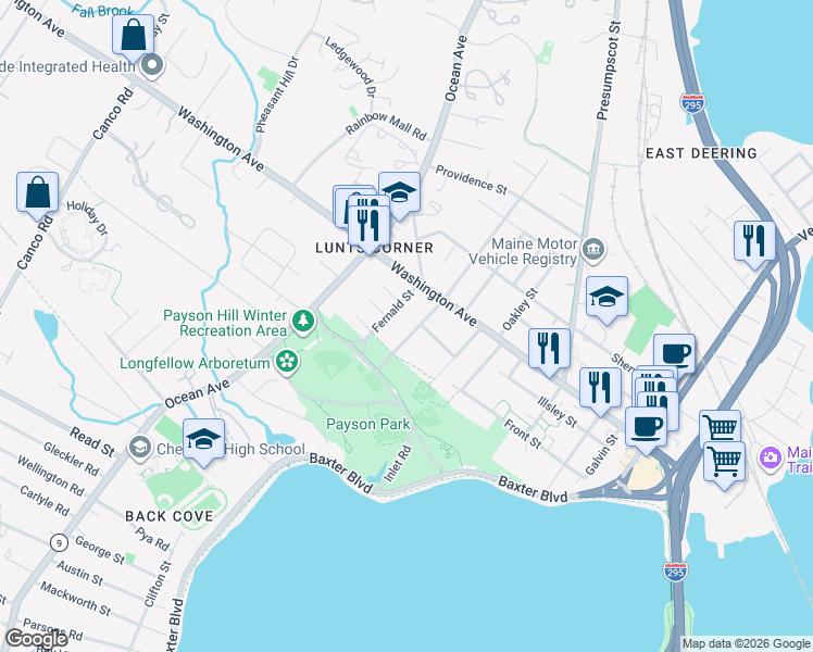 map of restaurants, bars, coffee shops, grocery stores, and more near 51 Access Road in Portland