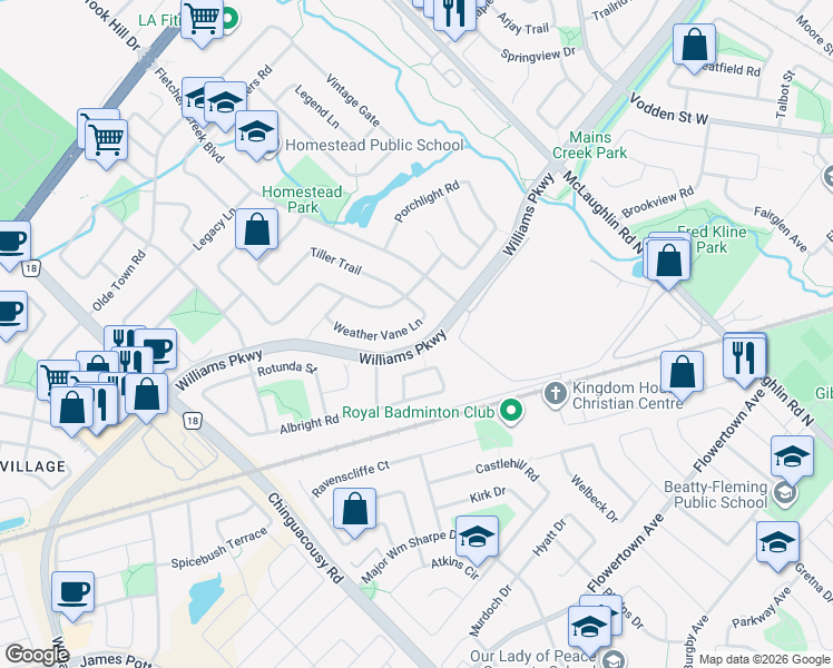map of restaurants, bars, coffee shops, grocery stores, and more near 46 Weather Vane Lane in Brampton