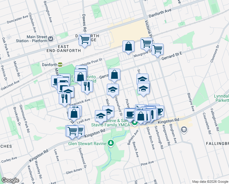 map of restaurants, bars, coffee shops, grocery stores, and more near Swanwick Avenue in Toronto