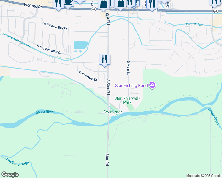 map of restaurants, bars, coffee shops, grocery stores, and more near 992 South Star Road in Star