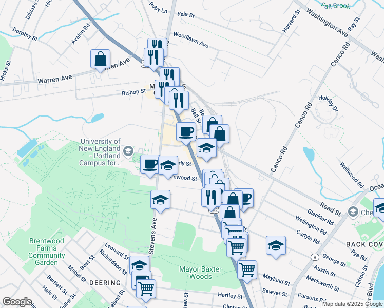 map of restaurants, bars, coffee shops, grocery stores, and more near 16 Waverly Street in Portland