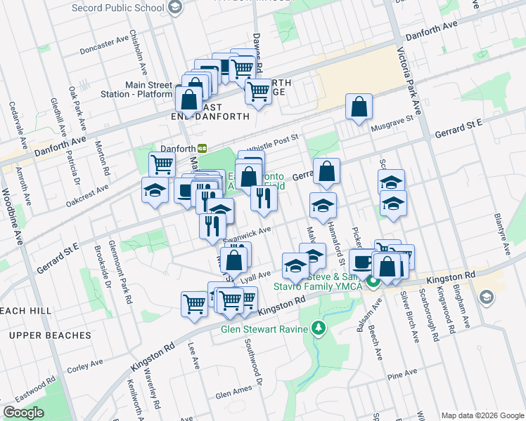 map of restaurants, bars, coffee shops, grocery stores, and more near in Toronto