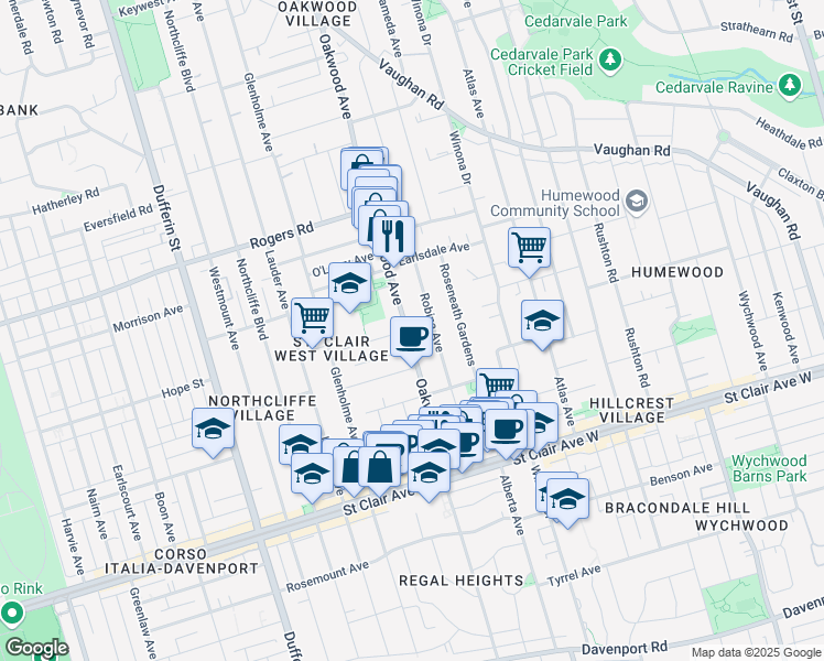 map of restaurants, bars, coffee shops, grocery stores, and more near in Toronto