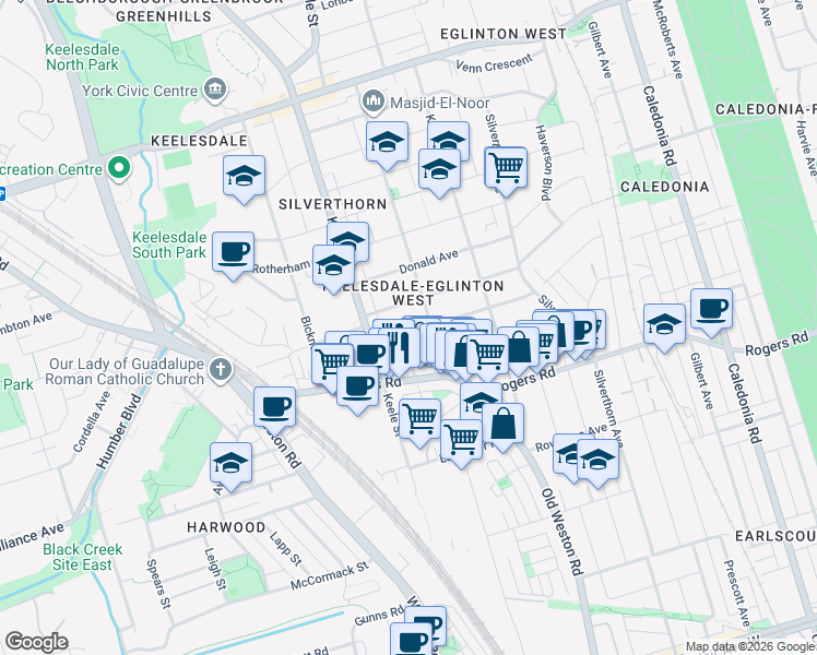 map of restaurants, bars, coffee shops, grocery stores, and more near in Toronto