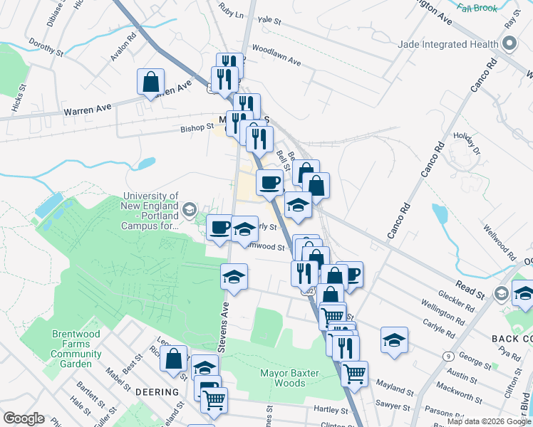 map of restaurants, bars, coffee shops, grocery stores, and more near 16 Waverly Street in Portland