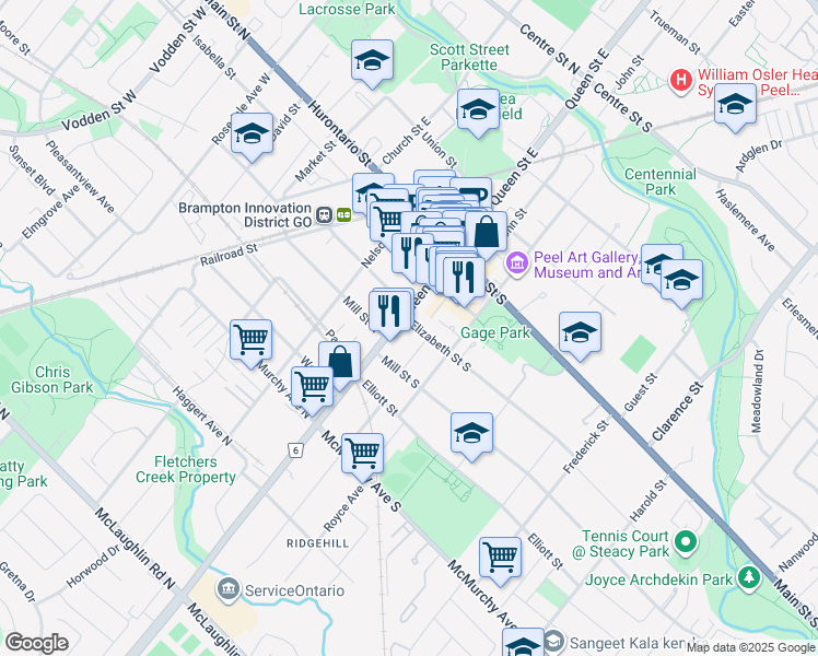 map of restaurants, bars, coffee shops, grocery stores, and more near in Brampton