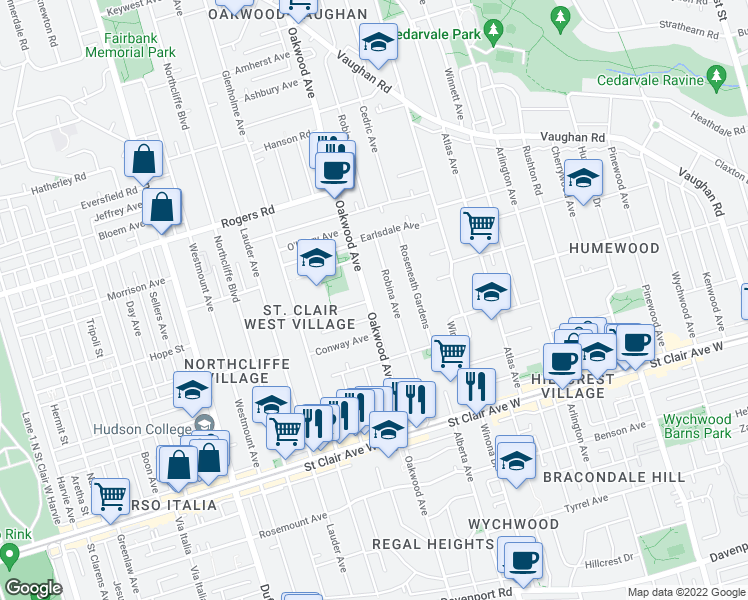 map of restaurants, bars, coffee shops, grocery stores, and more near 253 Oakwood Avenue in Toronto
