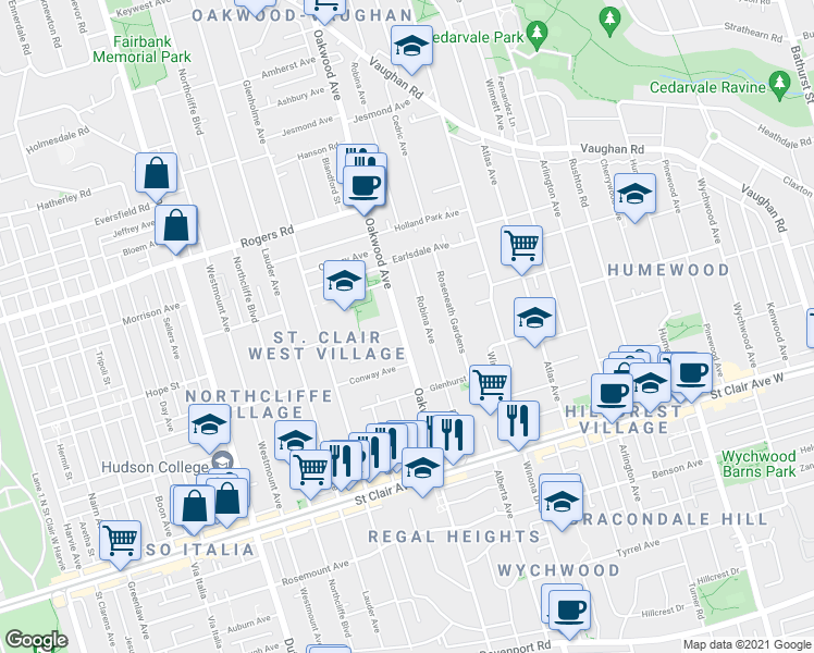 map of restaurants, bars, coffee shops, grocery stores, and more near 253 Oakwood Avenue in Toronto